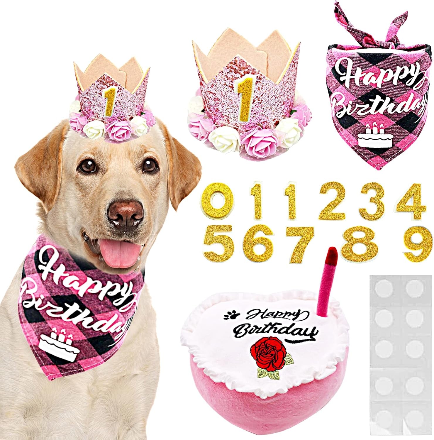 Pink Dog Birthday Hat Crown and Bandana Set for Girls with Puppy Crown Hat and Heart Plush Cake Toy with Bell Inside