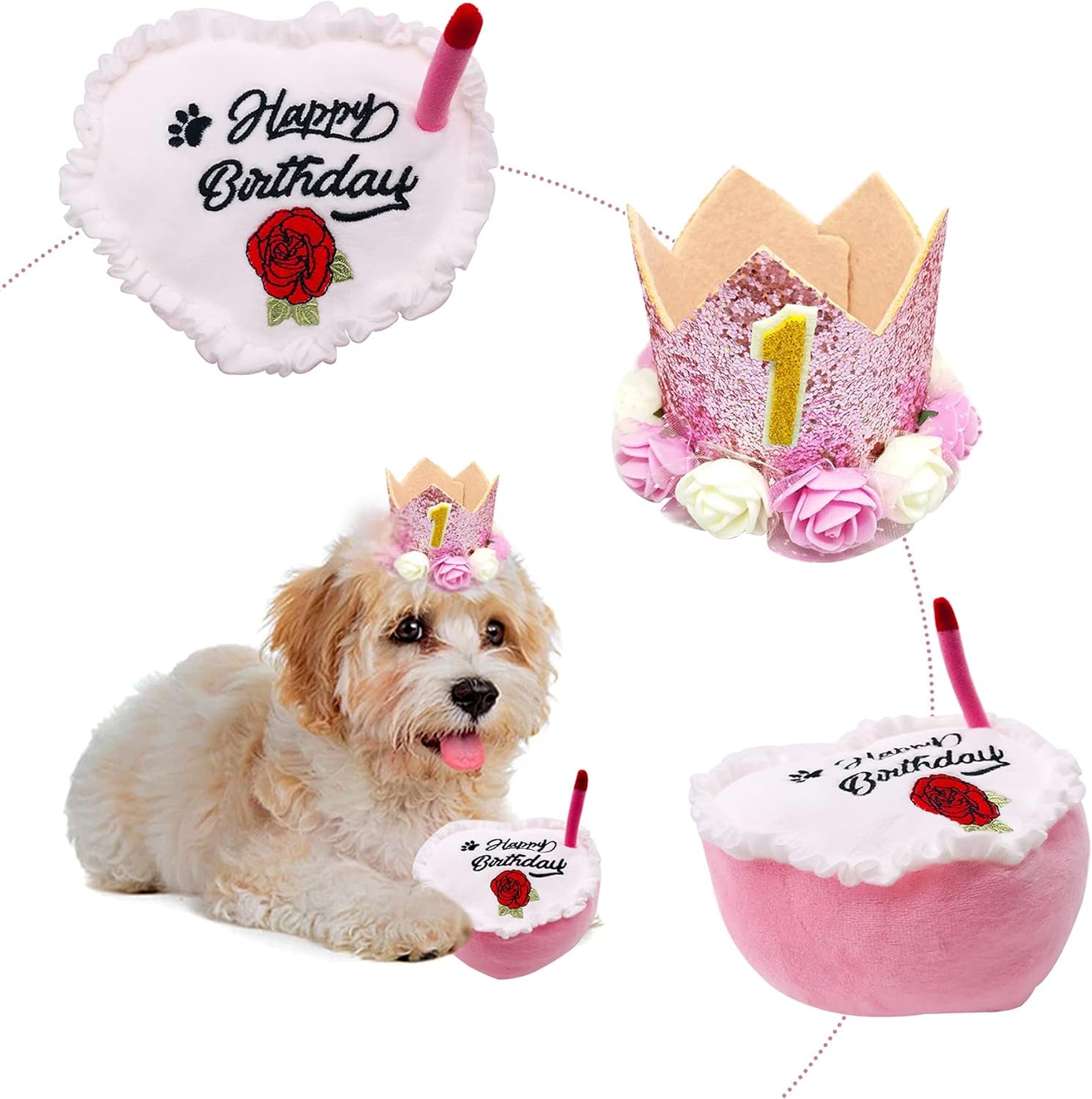 Pink Dog Birthday Hat Crown and Bandana Set for Girls with Puppy Crown Hat and Heart Plush Cake Toy with Bell Inside