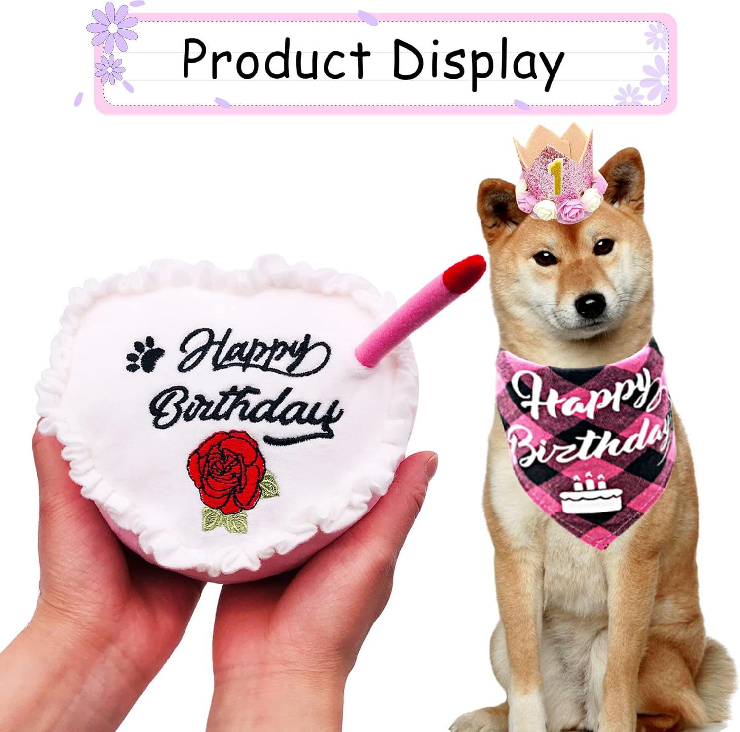 Pink Dog Birthday Hat Crown and Bandana Set for Girls with Puppy Crown Hat and Heart Plush Cake Toy with Bell Inside