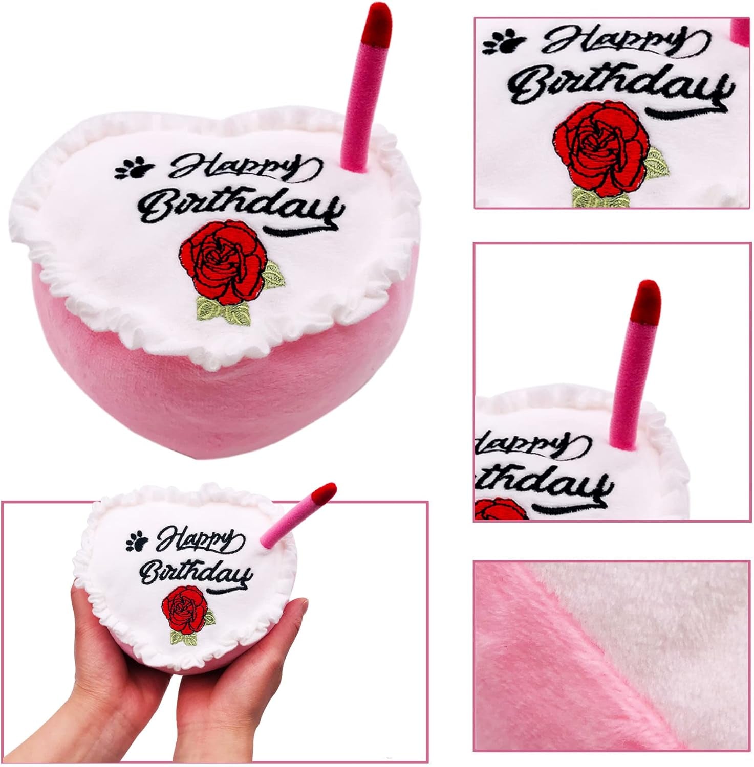 Pink Dog Birthday Hat Crown and Bandana Set for Girls with Puppy Crown Hat and Heart Plush Cake Toy with Bell Inside