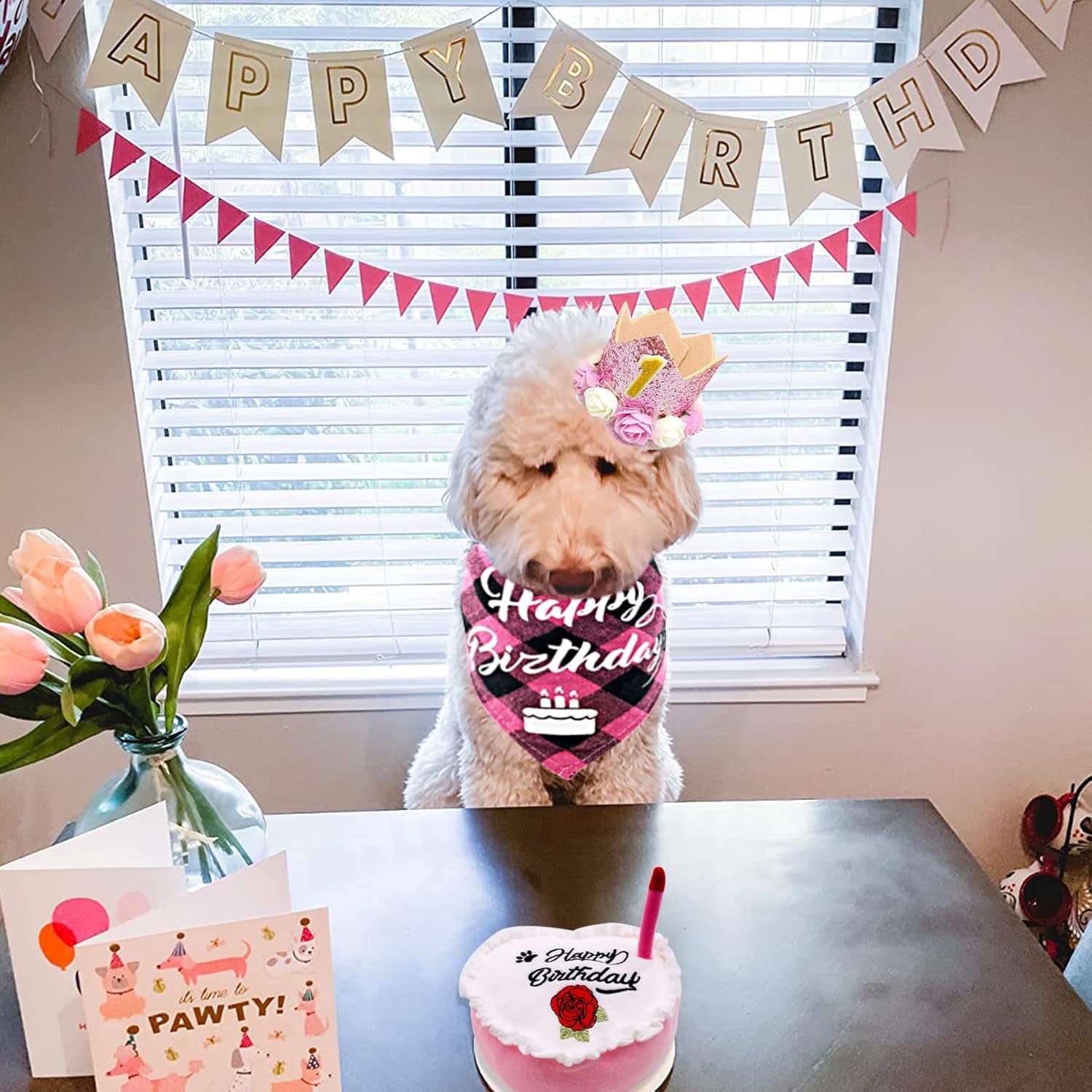 Pink Dog Birthday Hat Crown and Bandana Set for Girls with Puppy Crown Hat and Heart Plush Cake Toy with Bell Inside