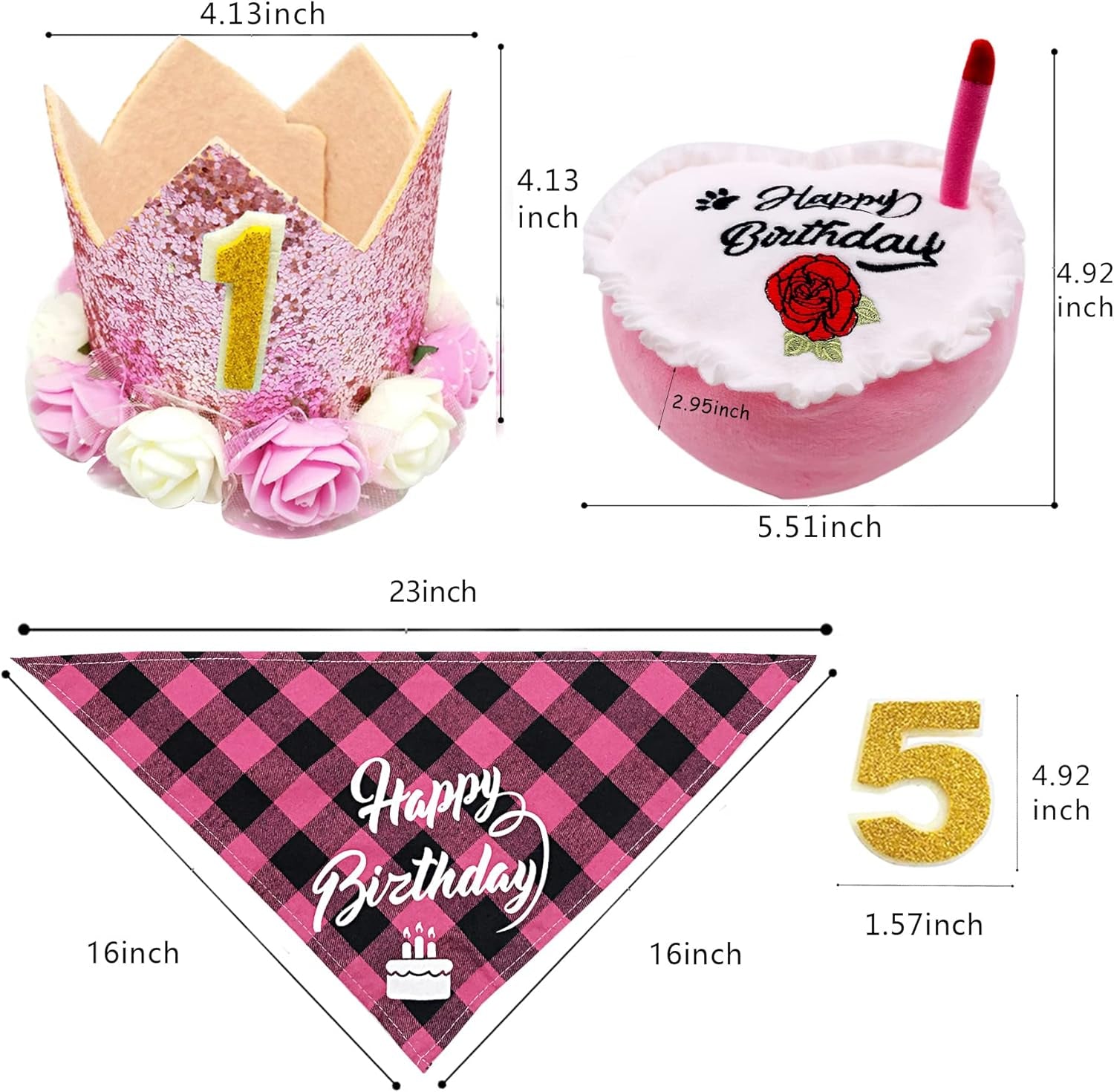 Pink Dog Birthday Hat Crown and Bandana Set for Girls with Puppy Crown Hat and Heart Plush Cake Toy with Bell Inside